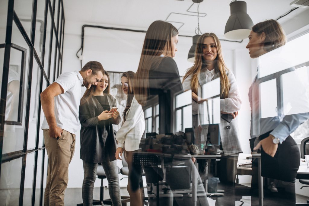 People networking in a modern office space