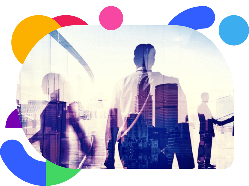 Abstract silhouettes of business people in a modern city setting